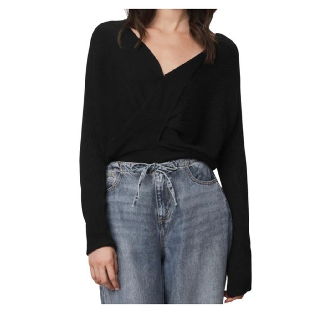 LYR by Splendid Black Ribbed Surplice Wrap Front Cozy Cashmere Blend Sweater NWT